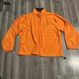 Eddie Bauer~mens L~Windbreaker Jacket Vented Stow Away Hood Orange